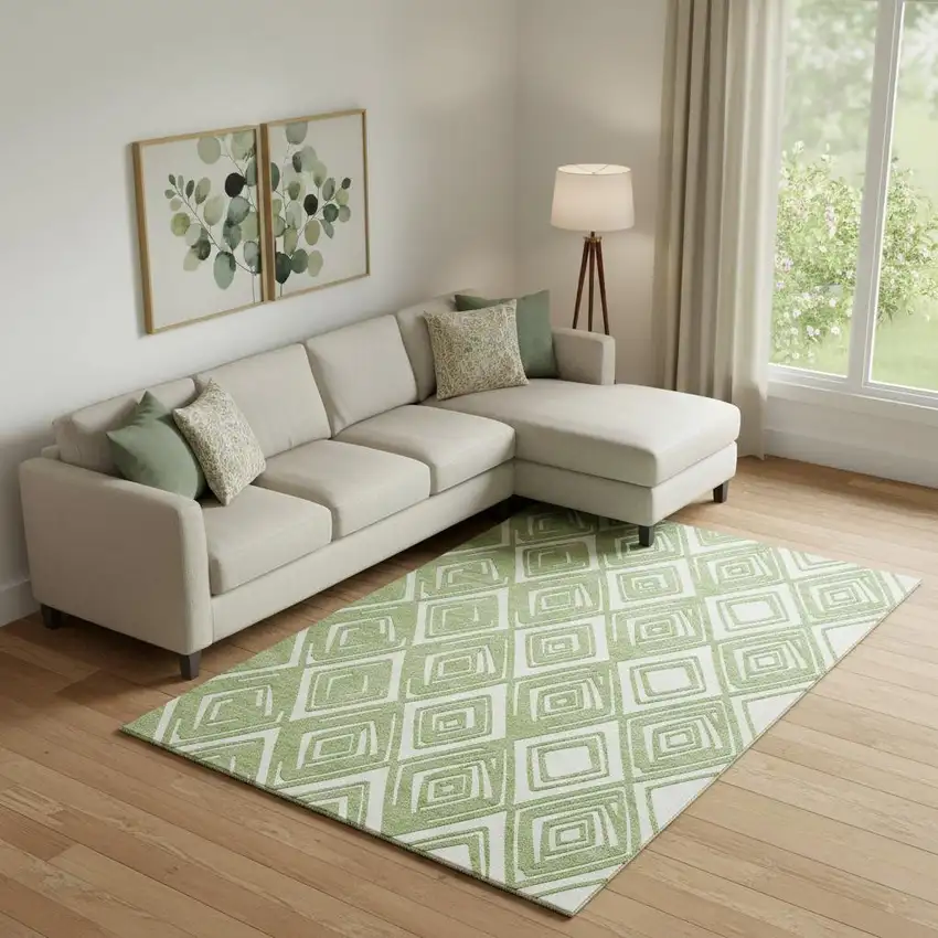 Green And Ivory Geometric Washable Area Rug With UV Protection Photo 1