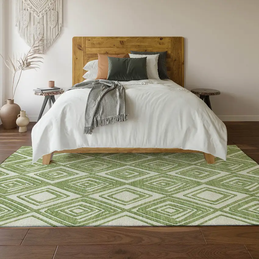 Green And Ivory Geometric Washable Area Rug With UV Protection Photo 7
