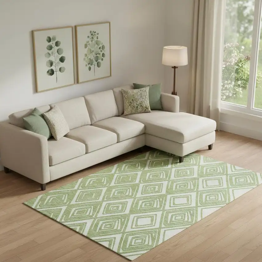 Green And Ivory Geometric Washable Area Rug With UV Protection Photo 1