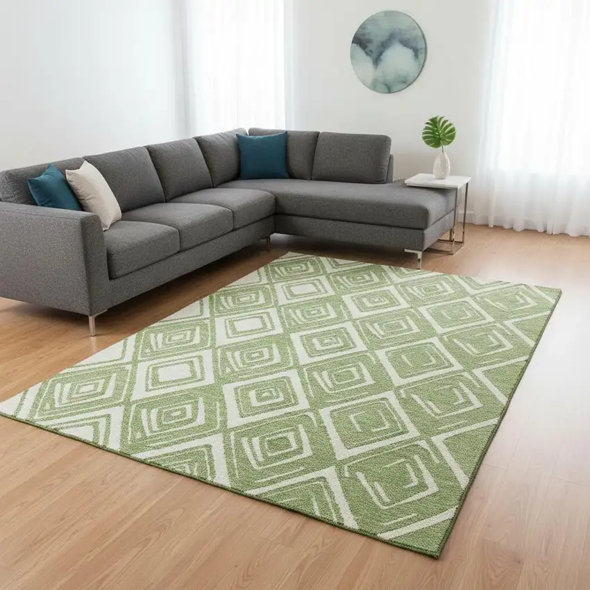 Green And Ivory Geometric Washable Area Rug With UV Protection Photo 1