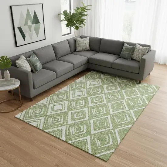 Green And Ivory Geometric Washable Area Rug With UV Protection Photo 1