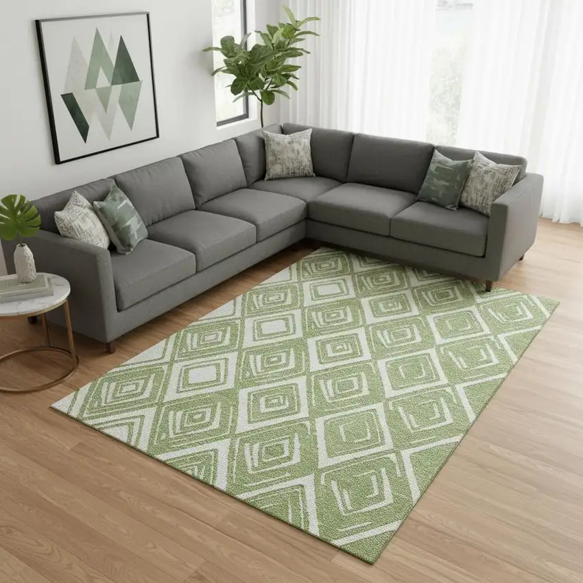 Green And Ivory Geometric Washable Area Rug With UV Protection Photo 1
