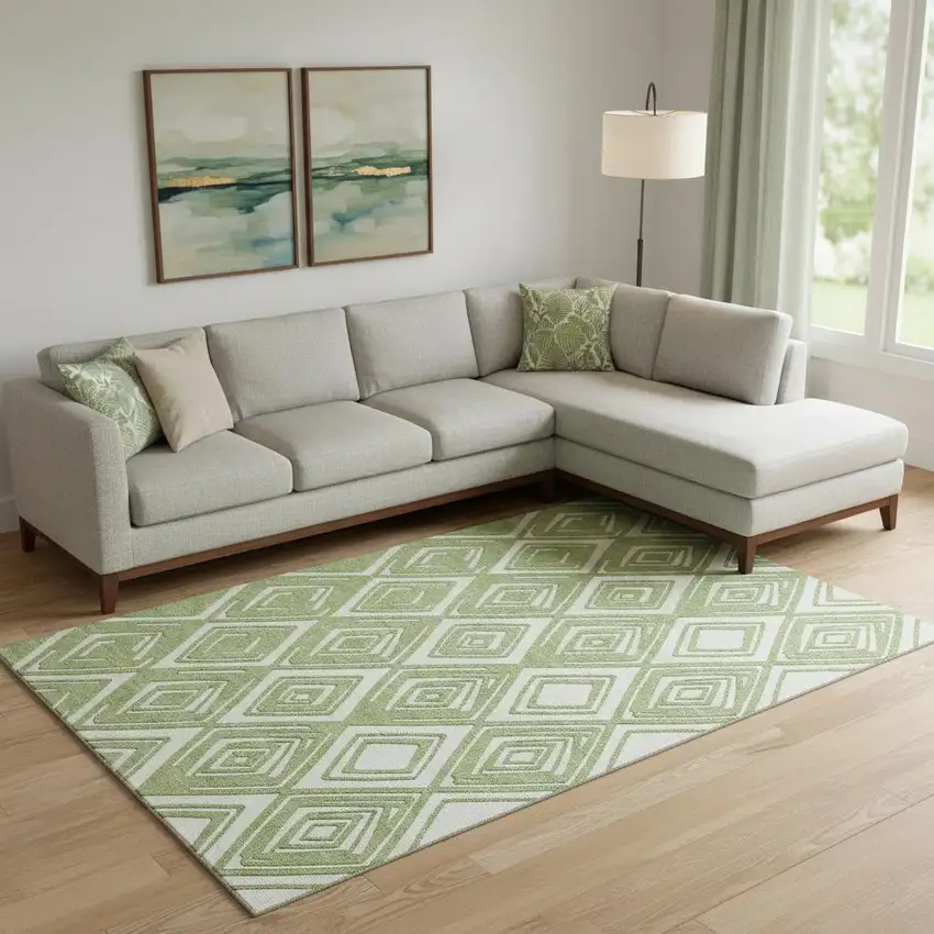 Green And Ivory Geometric Washable Area Rug With UV Protection Photo 1