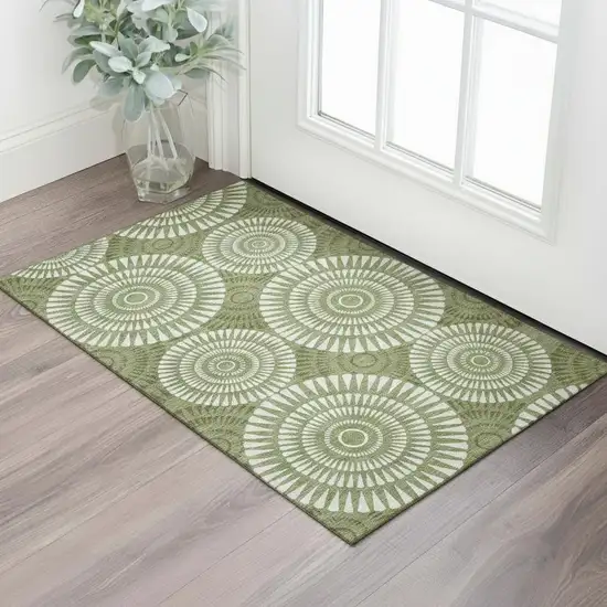 Green And Ivory Geometric Washable Area Rug With UV Protection Photo 1