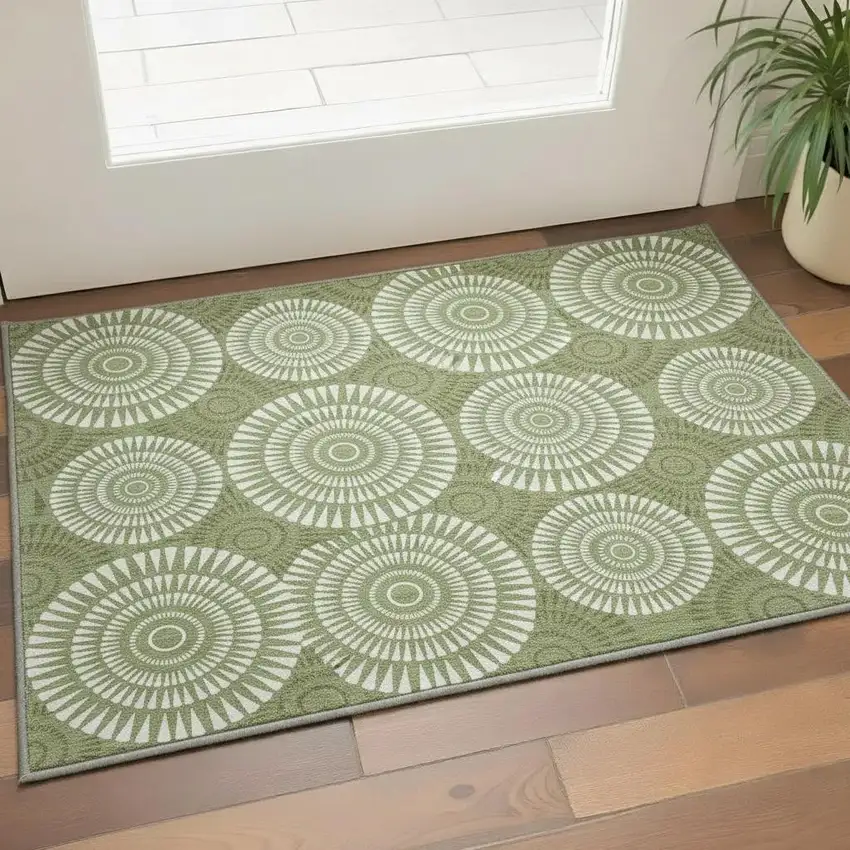 Green And Ivory Geometric Washable Area Rug With UV Protection Photo 2