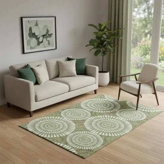 Green And Ivory Geometric Washable Area Rug With UV Protection Photo 1