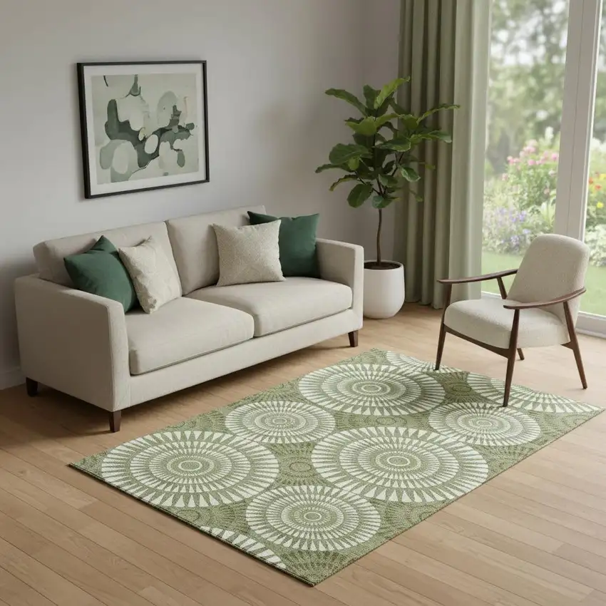 Green And Ivory Geometric Washable Area Rug With UV Protection Photo 1