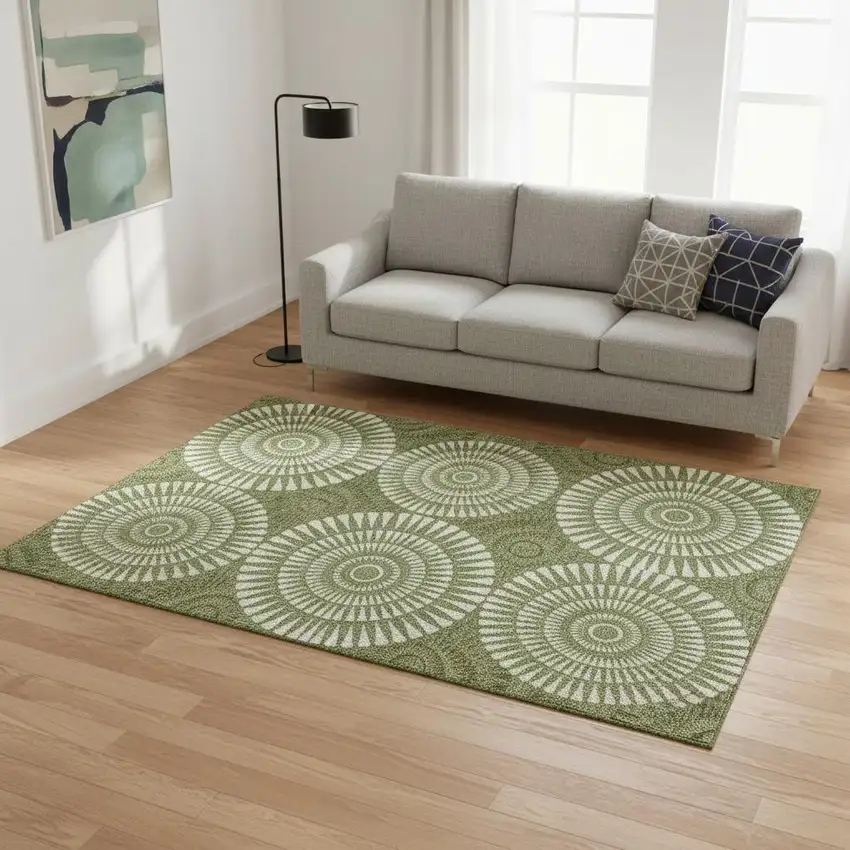 Green And Ivory Geometric Washable Area Rug With UV Protection Photo 2