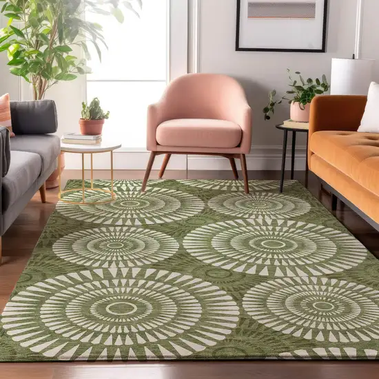 Green And Ivory Geometric Washable Area Rug With UV Protection Photo 5