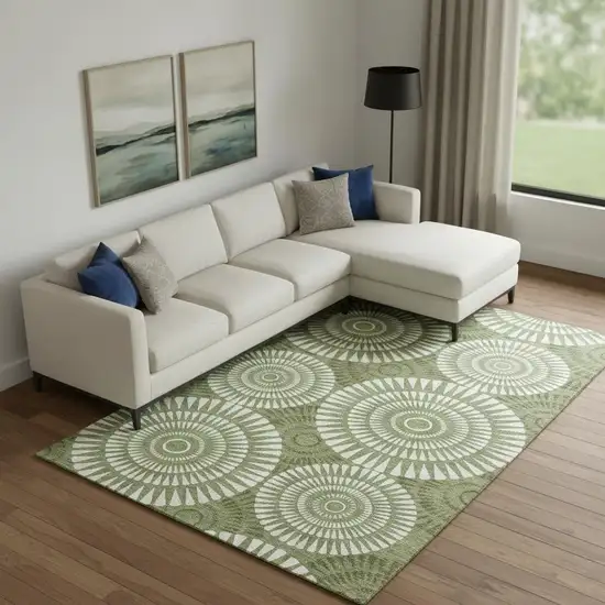 Green And Ivory Geometric Washable Area Rug With UV Protection Photo 1