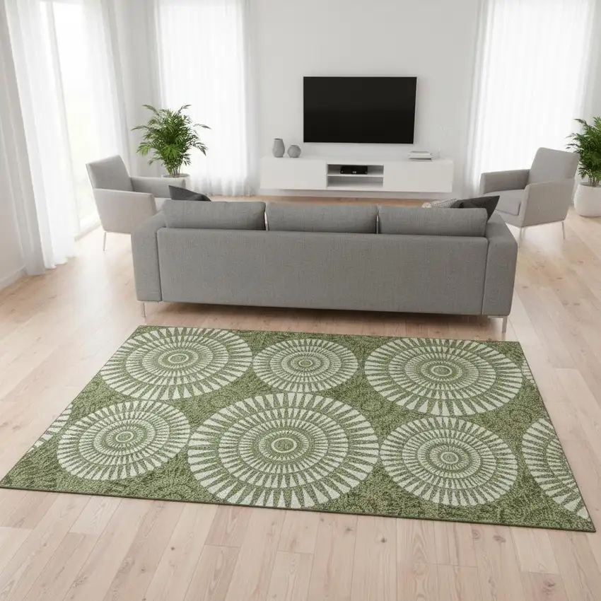 Green And Ivory Geometric Washable Area Rug With UV Protection Photo 2