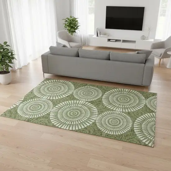 Green And Ivory Geometric Washable Area Rug With UV Protection Photo 2