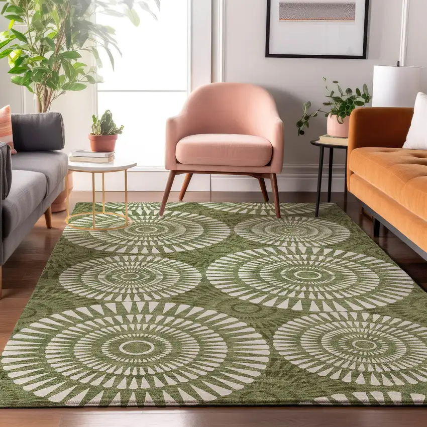 Green And Ivory Geometric Washable Area Rug With UV Protection Photo 5