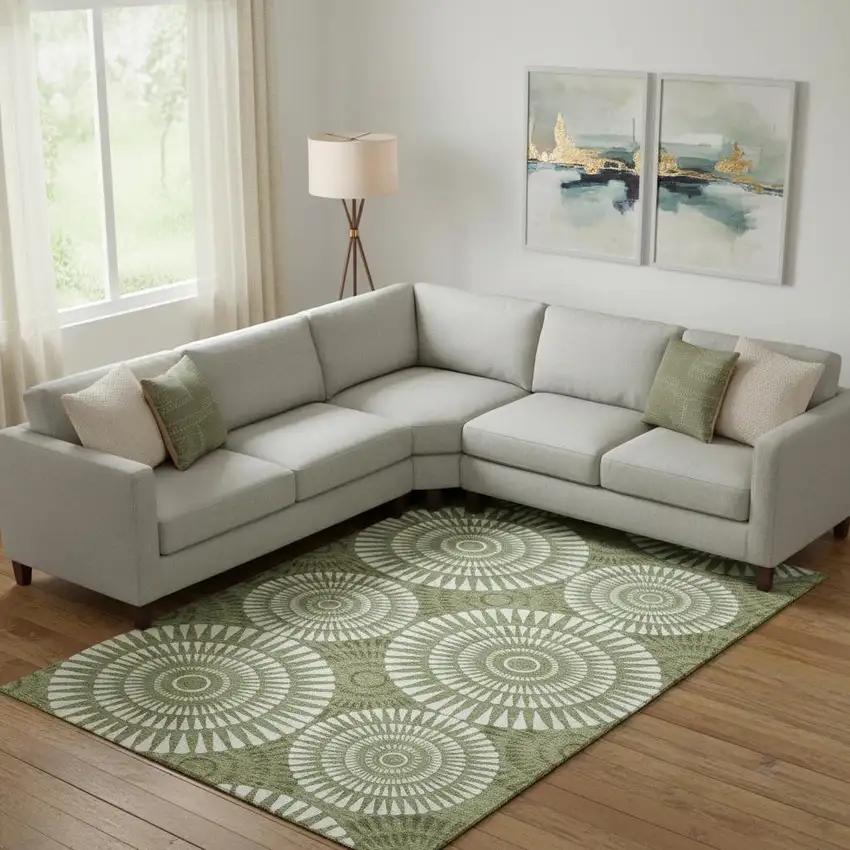 Green And Ivory Geometric Washable Area Rug With UV Protection Photo 1