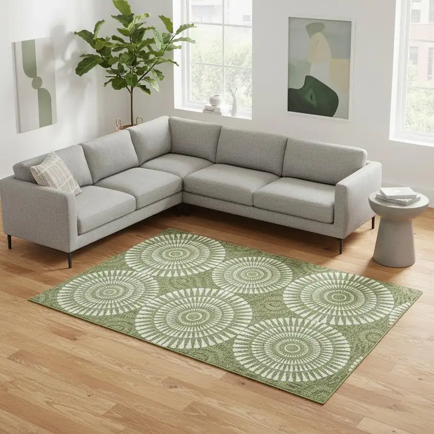 Green And Ivory Geometric Washable Area Rug With UV Protection Photo 2