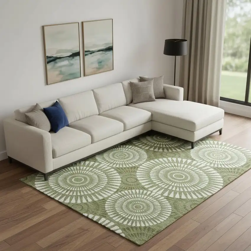 Green And Ivory Geometric Washable Area Rug With UV Protection Photo 1