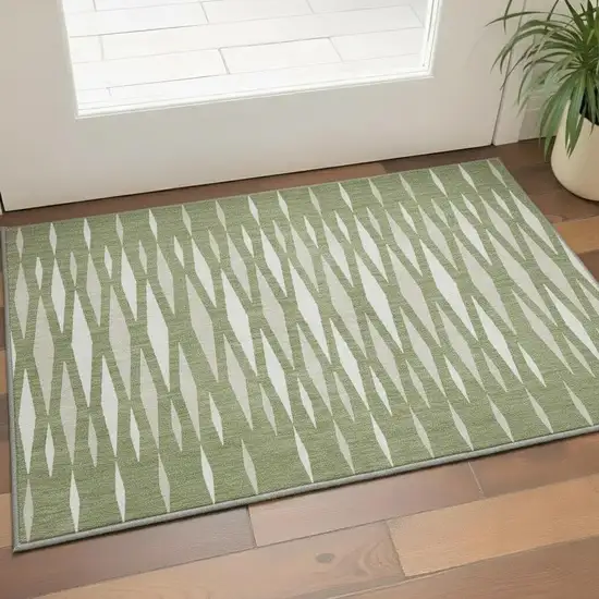 Green And Ivory Geometric Washable Area Rug With UV Protection Photo 2