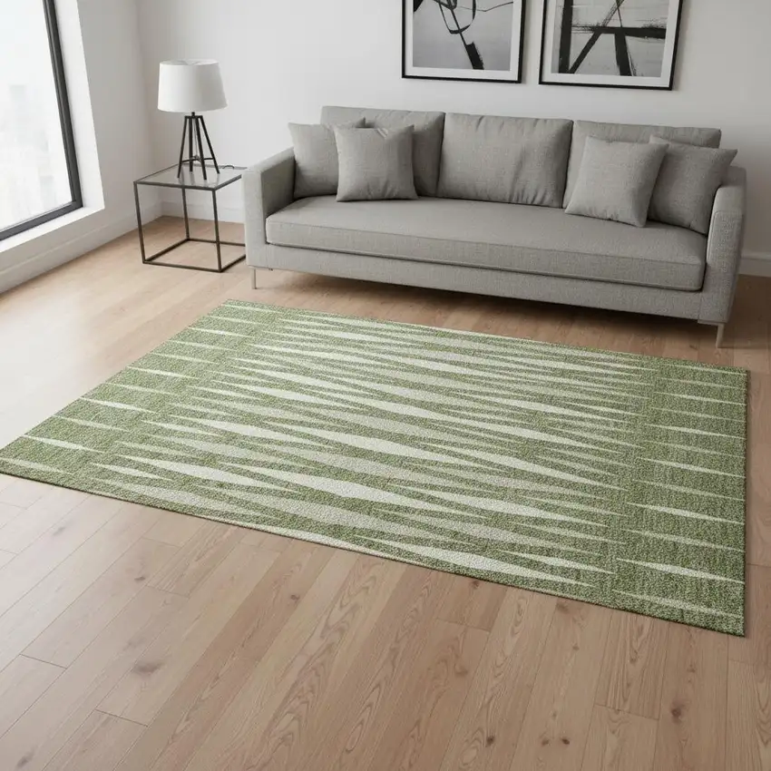 Green And Ivory Geometric Washable Area Rug With UV Protection Photo 2
