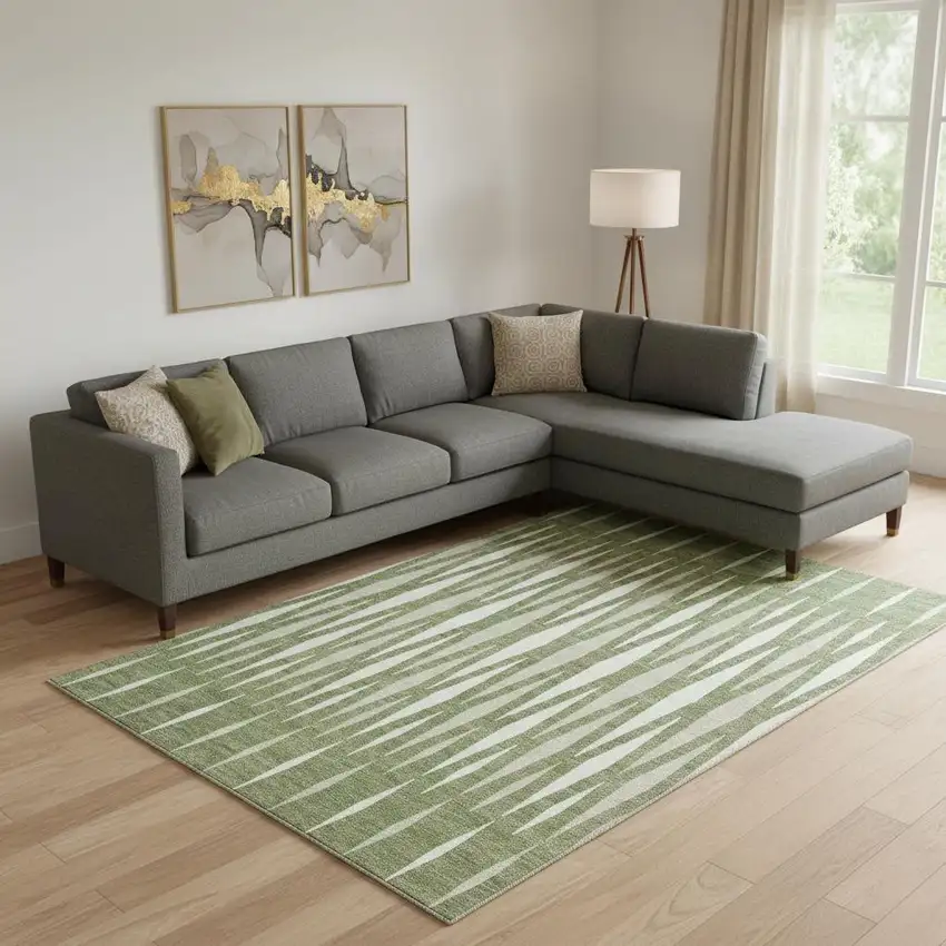 Green And Ivory Geometric Washable Area Rug With UV Protection Photo 1