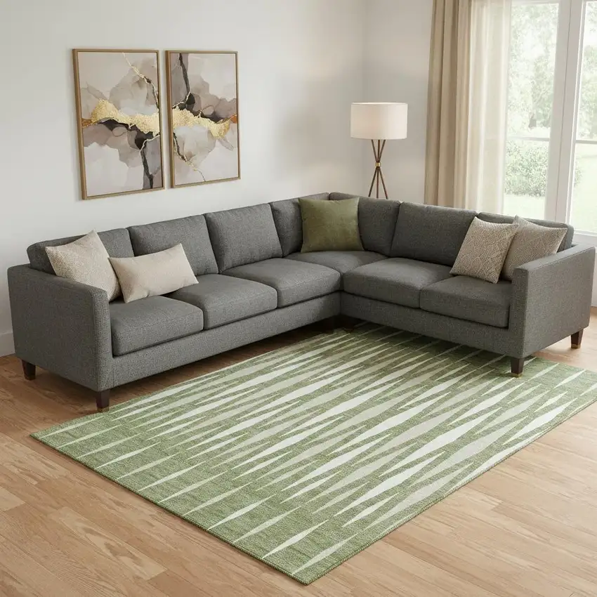 Green And Ivory Geometric Washable Area Rug With UV Protection Photo 1