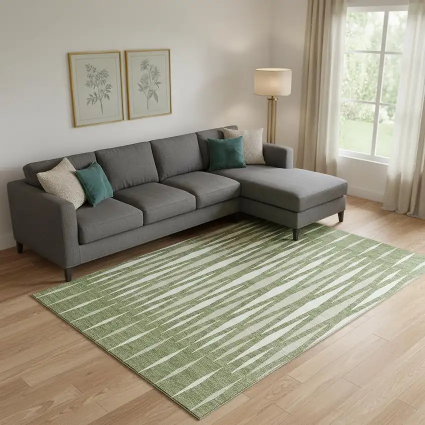 Green And Ivory Geometric Washable Area Rug With UV Protection Photo 1