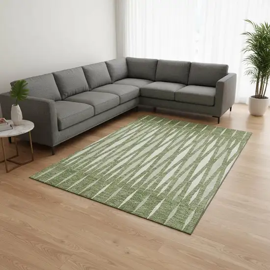 Green And Ivory Geometric Washable Area Rug With UV Protection Photo 2