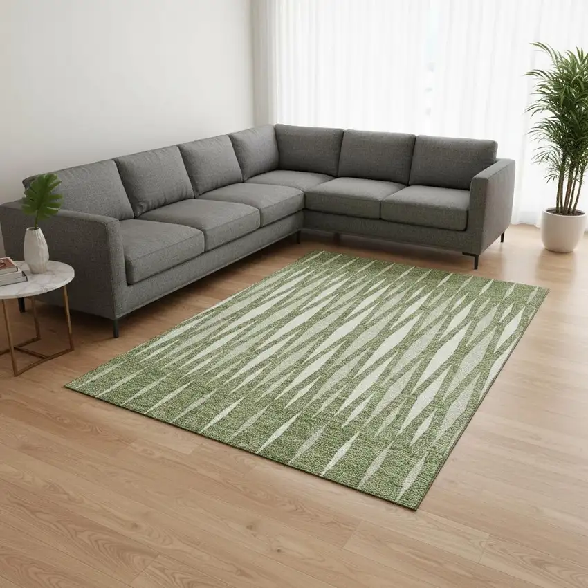 Green And Ivory Geometric Washable Area Rug With UV Protection Photo 2