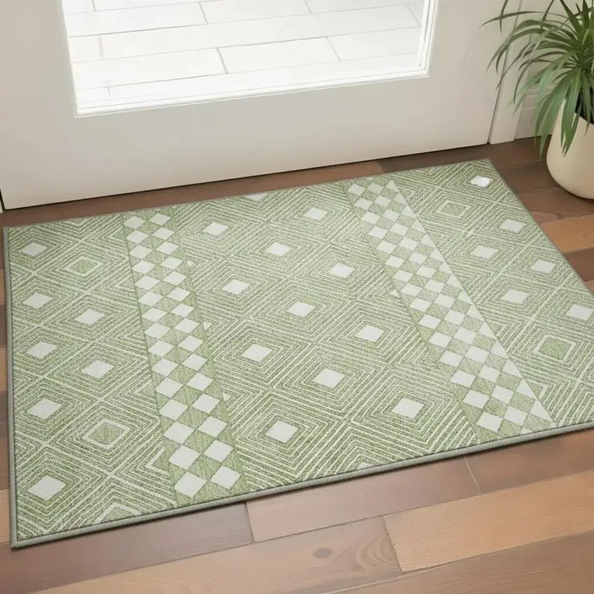 Green And Ivory Geometric Washable Area Rug With UV Protection Photo 2