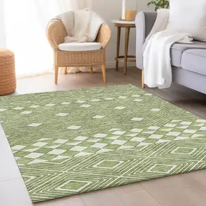 Photo of Green And Ivory Geometric Washable Area Rug With UV Protection