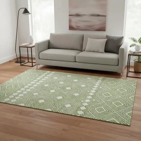 Green And Ivory Geometric Washable Area Rug With UV Protection Photo 2