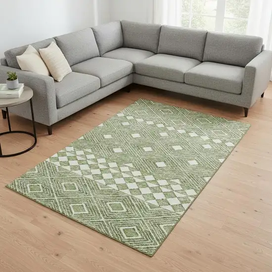 Green And Ivory Geometric Washable Area Rug With UV Protection Photo 2