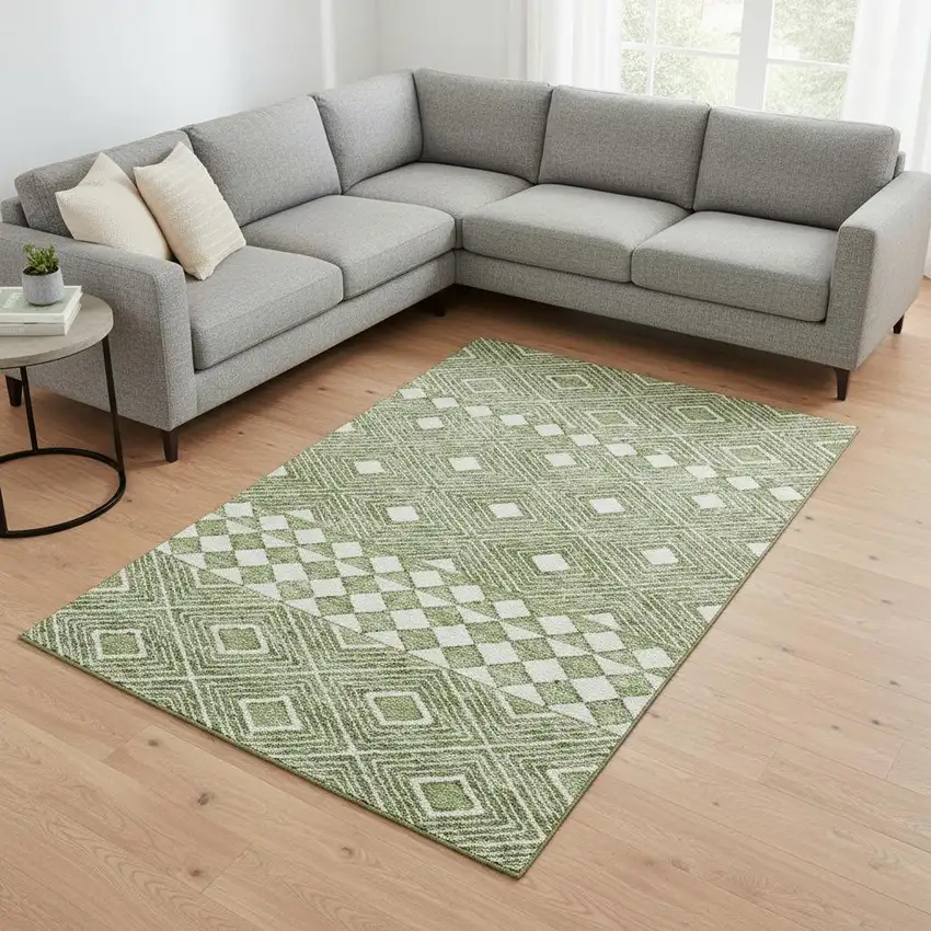 Green And Ivory Geometric Washable Area Rug With UV Protection Photo 2