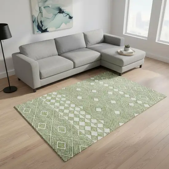 Green And Ivory Geometric Washable Area Rug With UV Protection Photo 2