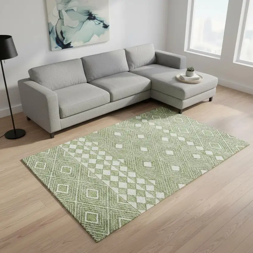 Green And Ivory Geometric Washable Area Rug With UV Protection Photo 2