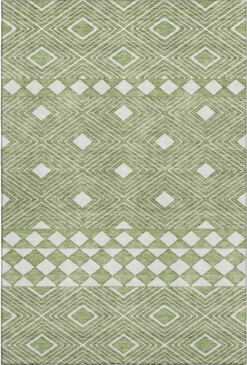 Green And Ivory Geometric Washable Area Rug With UV Protection Photo 1