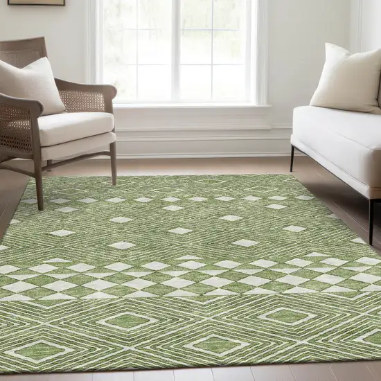 Green And Ivory Geometric Washable Area Rug With UV Protection Photo 6