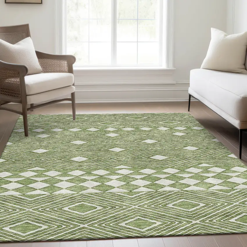 Green And Ivory Geometric Washable Area Rug With UV Protection Photo 6