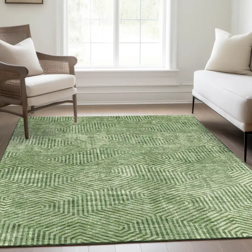 Green And Ivory Geometric Washable Area Rug With UV Protection Photo 6