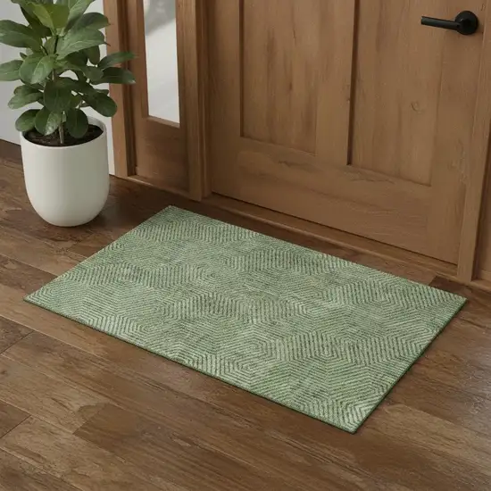 Green And Ivory Geometric Washable Area Rug With UV Protection Photo 1