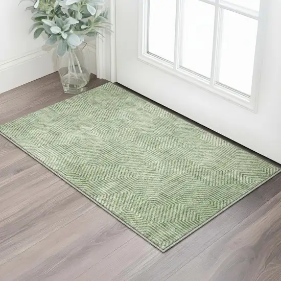 Green And Ivory Geometric Washable Area Rug With UV Protection Photo 2