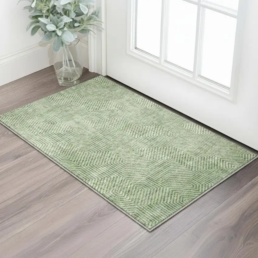 Green And Ivory Geometric Washable Area Rug With UV Protection Photo 2