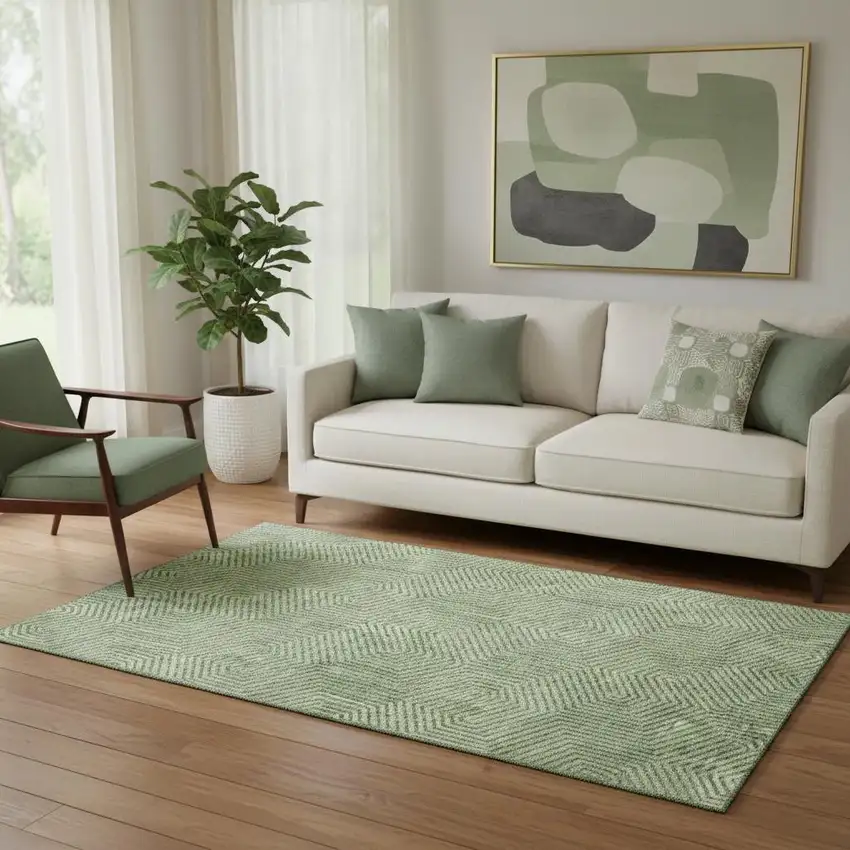 Green And Ivory Geometric Washable Area Rug With UV Protection Photo 1