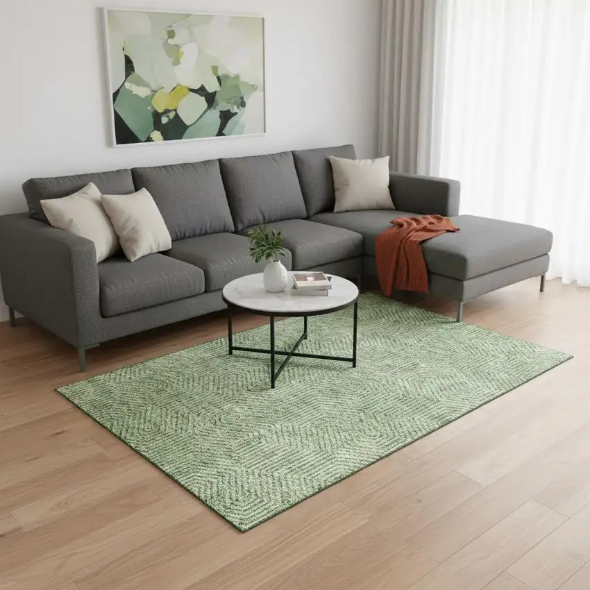 Green And Ivory Geometric Washable Area Rug With UV Protection Photo 2