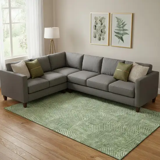 Green And Ivory Geometric Washable Area Rug With UV Protection Photo 1