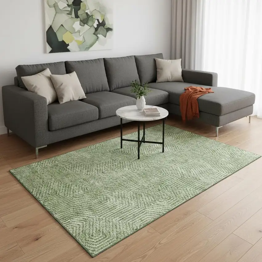 Green And Ivory Geometric Washable Area Rug With UV Protection Photo 2