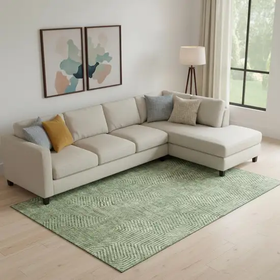 Green And Ivory Geometric Washable Area Rug With UV Protection Photo 1