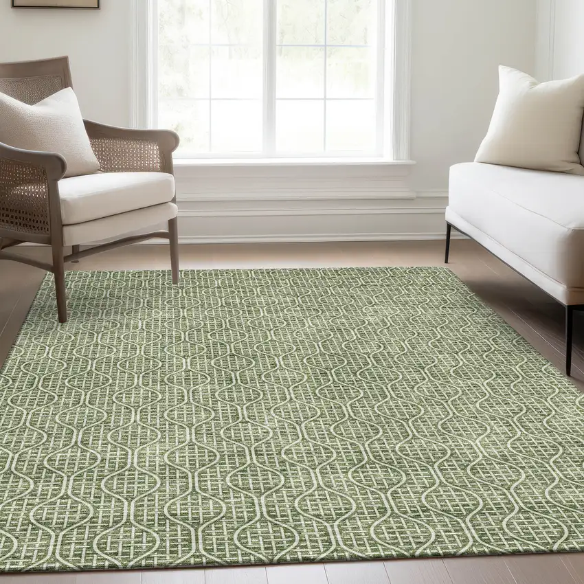 Green And Ivory Geometric Washable Area Rug With UV Protection Photo 5