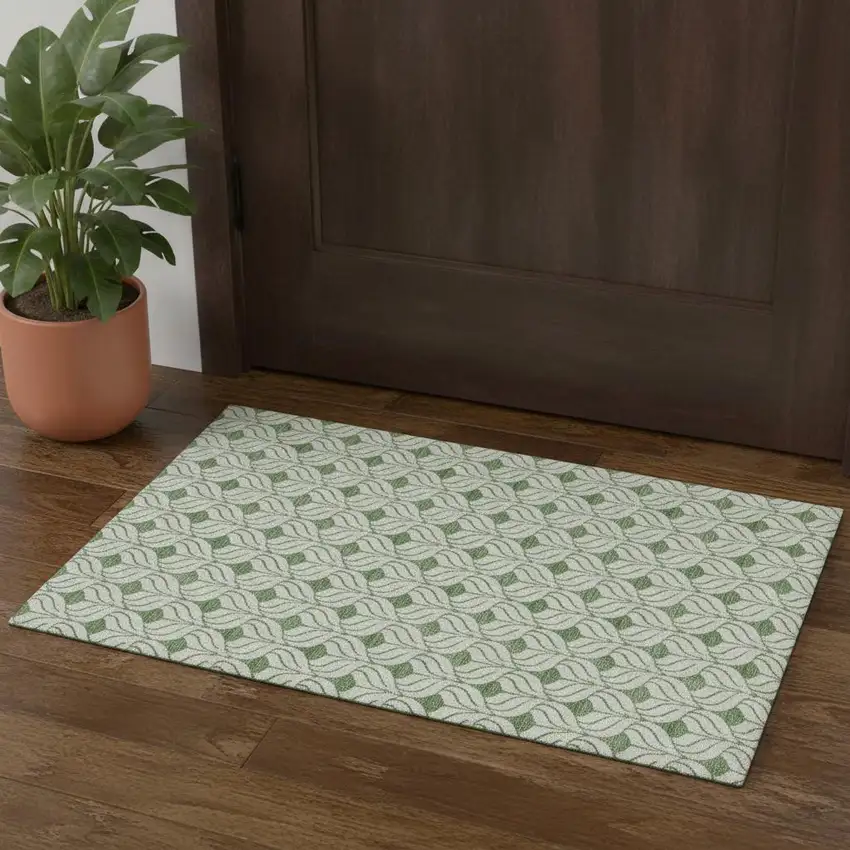 Green And Ivory Geometric Washable Area Rug With UV Protection Photo 1