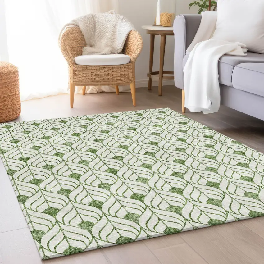 Green And Ivory Geometric Washable Area Rug With UV Protection Photo 4
