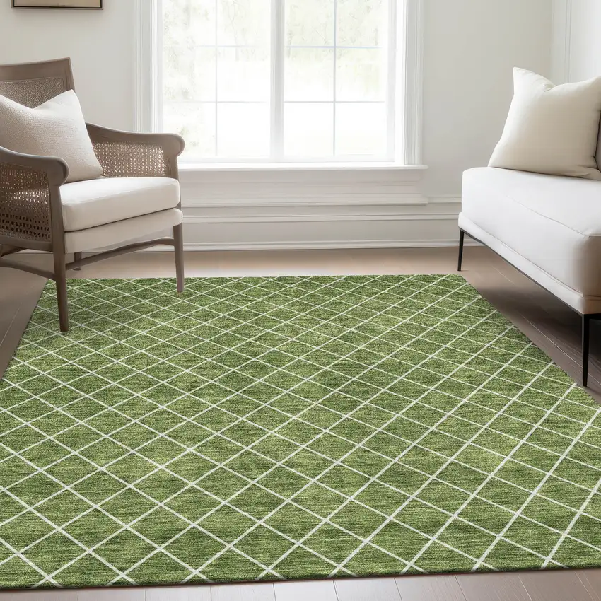 Green And Ivory Geometric Washable Area Rug With UV Protection Photo 5